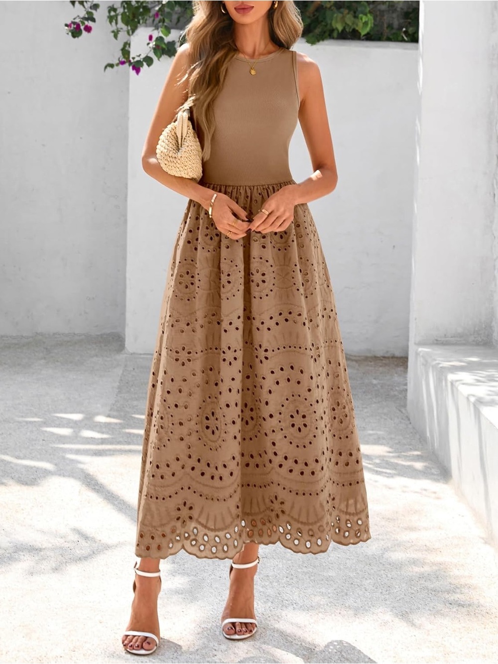 Dowerme Casual Sleeveless Crewneck A-Line Boho Eylet cotton maxi dress Large tan